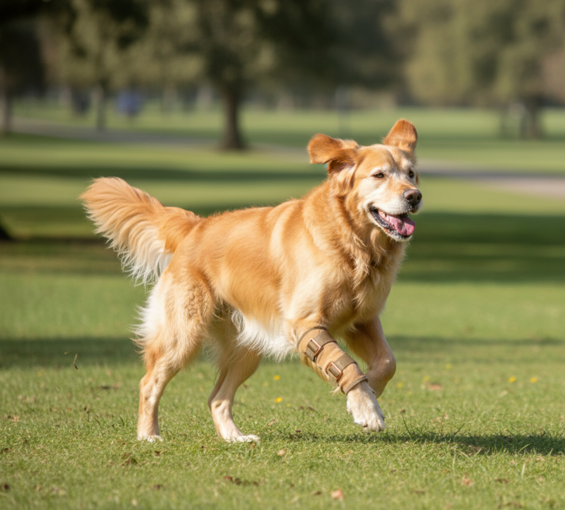 Senior golden retriever running energetically outdoors, symbolizing joint and mobility support supplements for dogs.